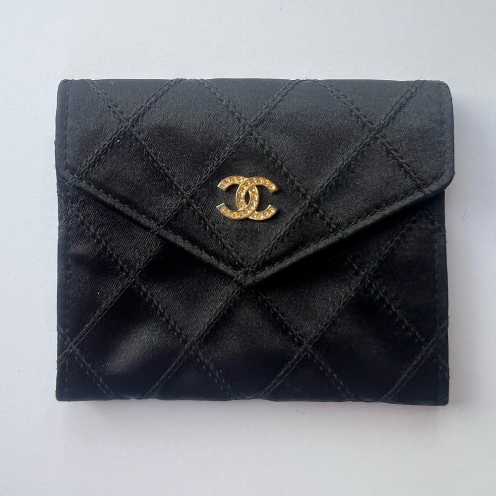 Authentic Chanel Black Quilted Satin Fabric Card Case/Mini Wallet/Coin Pouch